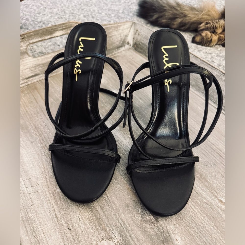 Lulus black stiletto heels, wrap around ankle strap, 3 inch heel, size 7
